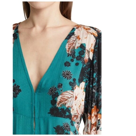 Free People Womens Size Medium Green Mikayla Print Long Sleeve Deep V Neck Tunic - Picture 2 of 9